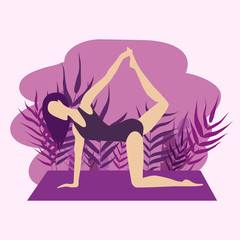 Flat illustration of young girl doing sports, yoga. Vector flat illustration isolated on pink background.A young woman practices yoga. Woman doing yoga exercises, yoga poses. Suitable for banner