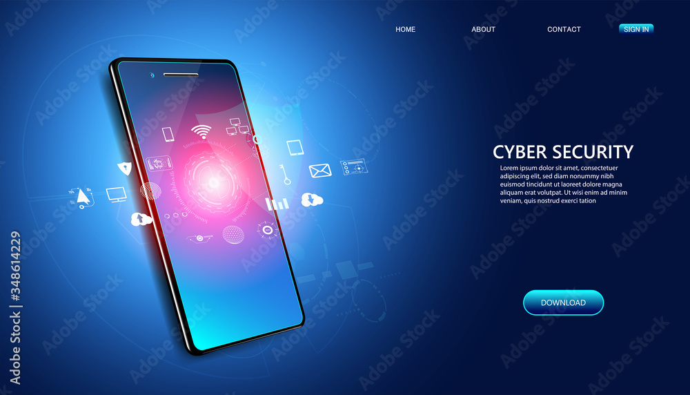 Poster abstract cyber security with phone and icons concept cyber protection application by program develop