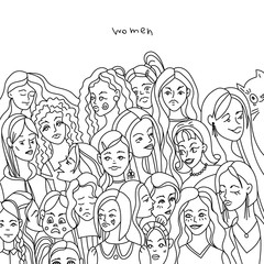 Background with women's faces. Doodle art. 