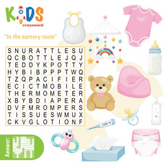 Easy word search crossword puzzle "In the nursery room", for children in elementary and middle school. Fun way to practice language comprehension and expand vocabulary. Includes answers.