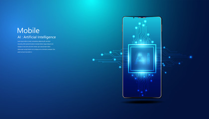 Abstract technology Ai computing and smartphone concept working data of Artificial intelligence and futuristic digital for future on dark blue background.