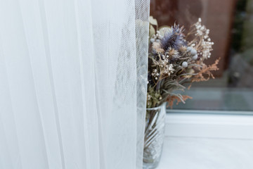 dry bouquet of flowers on a white background near the window