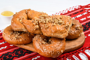 Concept of romanian cuisine. Homemade Mucenici, traditional desserts made in the figure 8