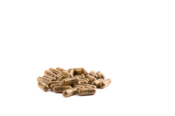 Capsules with medicine or vitamins on a white background. Health concept.