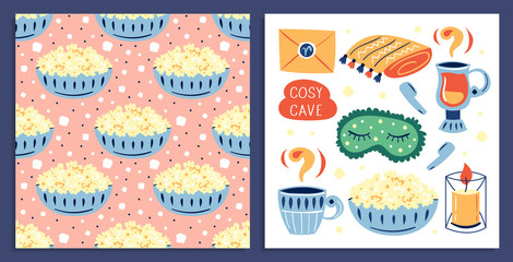 Set of different cute lifestyle items. My sweet cosy home. Sleeping mask,  plaid, candle, letter, cup, headphones, tea, pop corn. Card. Flat colourful vector illustration with seamless pattern. 