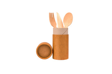 Paper tube with paper cap and wooden cutlery set inside, cardboard container for packaging isolated on white background with copyspace, mockup. Reusable packaging concept