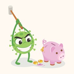 Covid-19 coronavirus breaking a piggy bank with a hammer. Economic impact by covid-19. Broken piggy bank by coronavirus concept. Economic crisis created by covid 19 coronavirus.