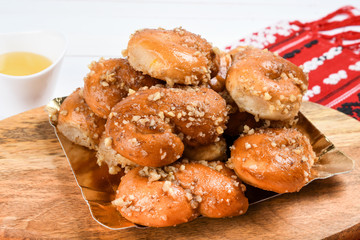 Concept of romanian cuisine. Homemade Mucenici, traditional desserts made in the figure 8