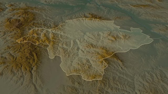 Toplički, district with its capital, zoomed and extruded on the relief map of Serbia in the conformal Stereographic projection. Animation 3D