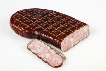 Tasty meat sausages over white background