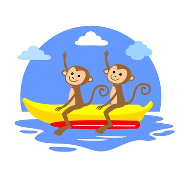 two monkeys sitting on banana boat vector illustration