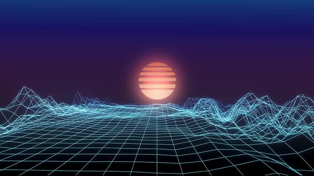 4K Animation of retro music background. VJ 3D Wireframe mountain terrain on black background. Low Poly Geometric Mountain Landscape. 3d Cyberspace Grid. 80-s style digital wireframe landscape.
