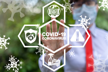 COVID-19 Coronavirus Disease Stop People Business Concept. Businesswoman in protective ffp3 mask used virtual screen and touch COVID-19 CORONAVIRUS text.