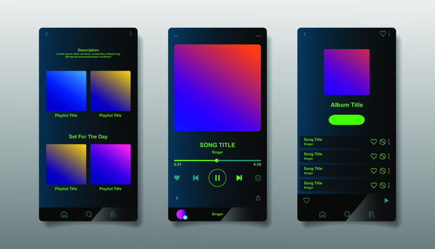 Social Media Network Inspired By Spotify. Music Player Interface By Subscription. Profile, Album, Song, Playlist Mockup. Black Apple Music Screen. Vector Illustration.