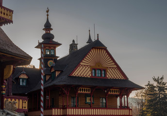 Old wooden buidlings in Pustevny on hill in Beskydy mountains