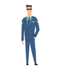 Smiling civilian aircraft pilot, aircrew captain, aviator or airman dressed in uniform. Cheerful male cartoon character isolated on white background. Colorful vector illustration in flat style