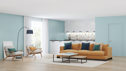 Modern bedroom interior with blue walls and a yellow sofa. Neo Memphis style interior. 3D rendering.