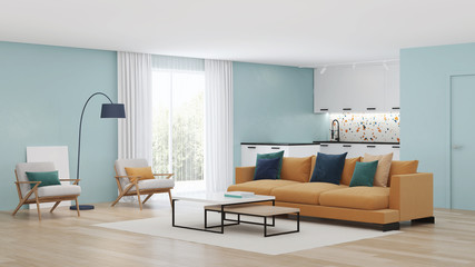 Modern bedroom interior with blue walls and a yellow sofa. Neo Memphis style interior. 3D rendering.