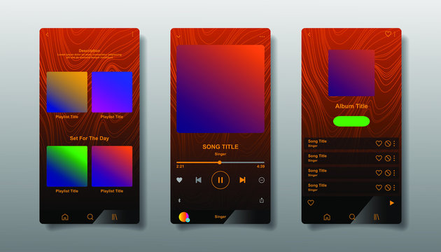 Social Media Network Inspired By Spotify. Music Player Interface By Subscription. Profile, Album, Song, Playlist Mockup. Black Apple Music Screen. Vector Illustration.