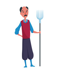 Happy mustachioed man gardener or farmer with pitchfork on a white background. Cartoon character of man farming concept illustration. Design element of a private farm