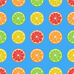 Obraz premium Pattern seamless of juicy citrus fruit. Lemon, orange, grapefruit, lime. Colorful elements on blue background. Creative idea for modern designs, banners, textiles, menus, prints, packings, wallpapers.