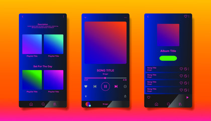 Social media network inspired by Spotify. Music player interface by subscription. Profile, Album, Song, Playlist mockup. Black apple music screen. Vector illustration.