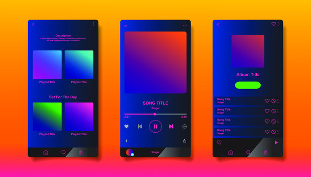 Social Media Network Inspired By Spotify. Music Player Interface By Subscription. Profile, Album, Song, Playlist Mockup. Black Apple Music Screen. Vector Illustration.