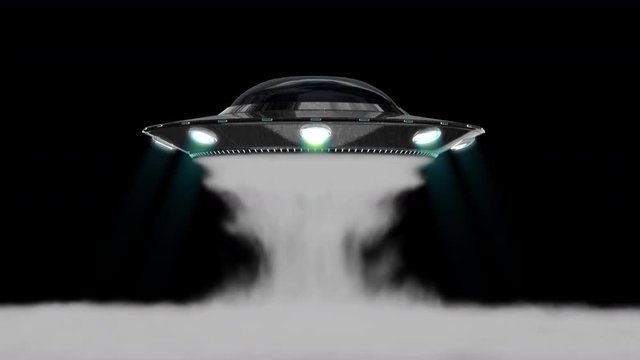 3D animation UFO spacecraft takeoff have light glow with smoke animation movement realistic include alpha background.