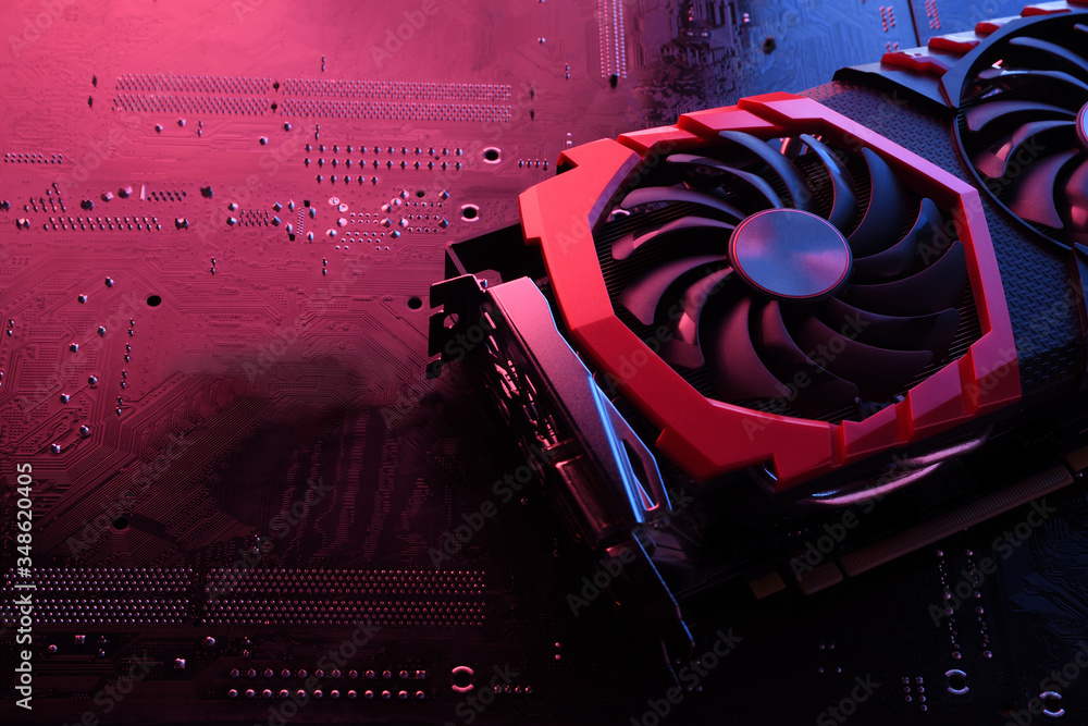 Poster computer game graphics card, videocard with two coolers on circuit board ,motherboard background. cl