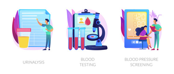 Clinical laboratory analysis icons cartoon set. Health examination. Biological markers. Urinalysis, blood testing, blood pressure screening metaphors. Vector isolated concept metaphor illustrations.
