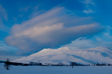Mountain winter hike Ural mountains