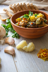 Pork stew. Dish of meat. Still life. Lunch break. Restaurant menu