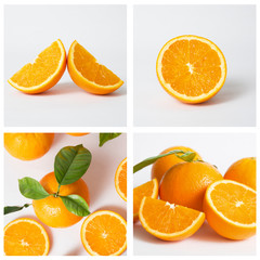 Whole and cut ripe oranges laying at table isolated on white background. Halves, quarters, slices and pieces of fruit. Vitamin and healthy food concept. Pack of four images