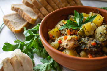 Pork stew. Dish of meat. Still life. Lunch break. Restaurant menu