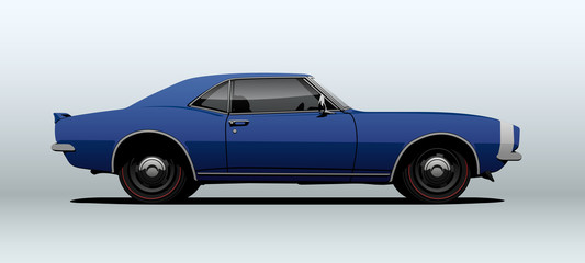 Blue muscle car, view from side, in vector.