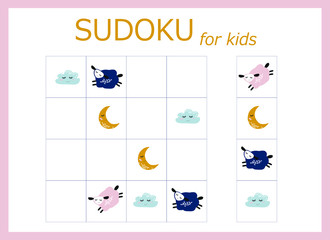 Sudoku for kids. Children's puzzles. Educational game for children. cartoon sheep, stars and moon