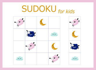 Sudoku for kids. Children's puzzles. Educational game for children. cartoon sheep, stars and moon