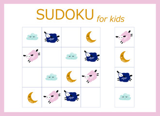 Sudoku for kids. Children's puzzles. Educational game for children. cartoon sheep, stars and moon