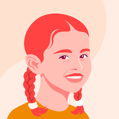 Portrait of a happy redhead girl. The face of a smiling child. Avatar of a schoolgirl. Vector flat illustration