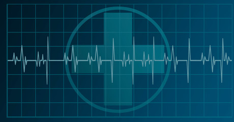 Blue cardiogram in a health cross symbol background