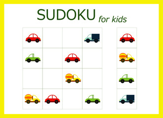 Obraz premium Sudoku for kids. Children's puzzles. Educational game for children. colored cars