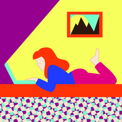 girl with laptop lying in the room, online
