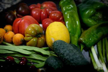 Fruit presentation with various colorful fresh fruits and vegetables