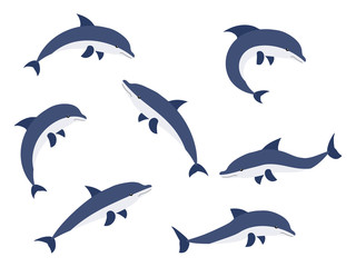 Set of cartoon dolphins vector illustration isolated on white background.