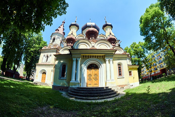 Domes and bell tower of the Orthodox church in the city of Hrubieszow in Poland.