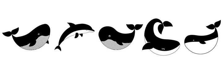 Set of whales and dolphin. Sea life vector illustration isolated on white background.