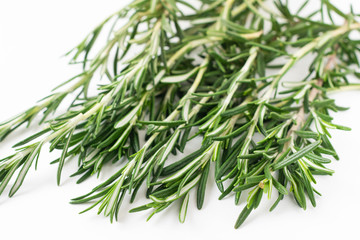 Fototapeta premium Fresh bouquet of rosemary leaves in a white ceramic bowl on white light background. Selective focus.