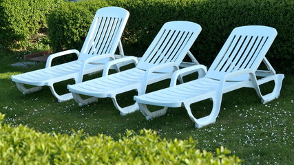 Three white plastic garden loungers stand in the garden on the lawn in front of a green hedge