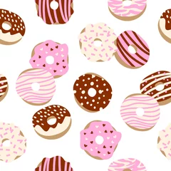 Foto op Canvas Vector seamless pattern of donuts with different tastes. Strawberry, chocolate and vanilla tastes. Sweets background. Cartoon style.  © Xeniia_arts