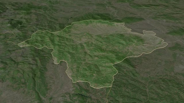 Toplički, district with its capital, zoomed and extruded on the satellite map of Serbia in the conformal Stereographic projection. Animation 3D
